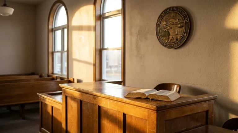 Alaska state seal mounted in courtroom with open book on wooden bench