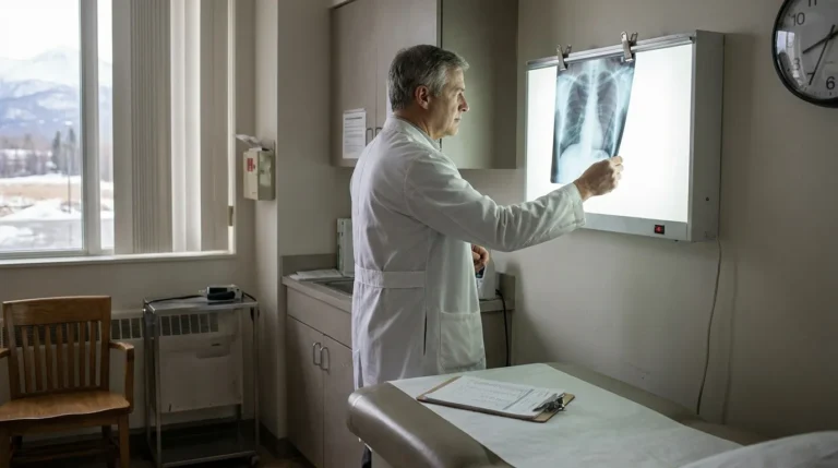 physician in lab coat examining chest X-ray on illuminated lightbox in medical examination room