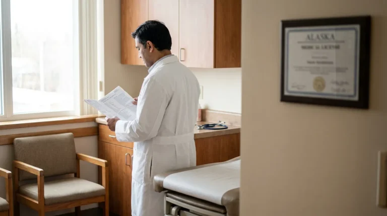 physician in lab coat reviewing medical documents beside Alaska Medical License certificate