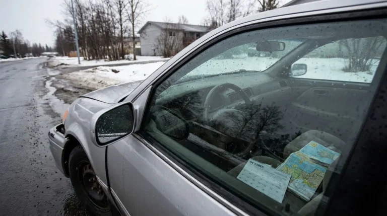 parked car on icy road with October calendar and map on dashboard