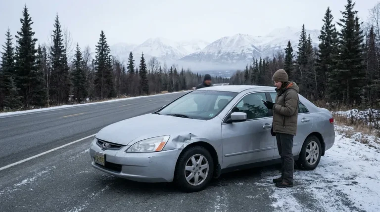 person using phone beside damaged Honda sedan pulled over on snowy road