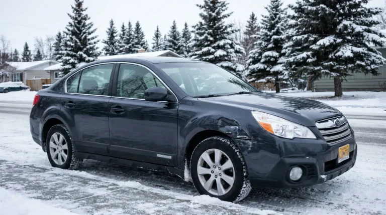 Subaru sedan parked on snow-covered road surrounded by snow-laden evergreen trees
