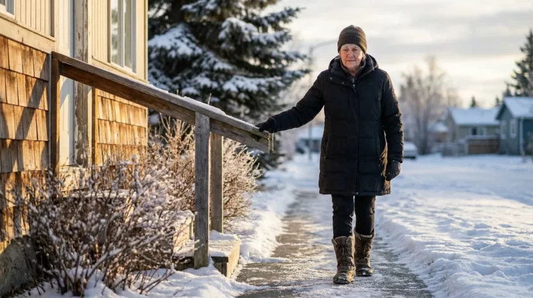 elderly person gripping wooden railing while walking on icy snow-covered sidewalk