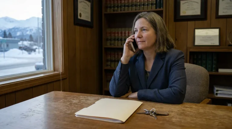 female attorney on phone call at desk with legal books and framed certificates