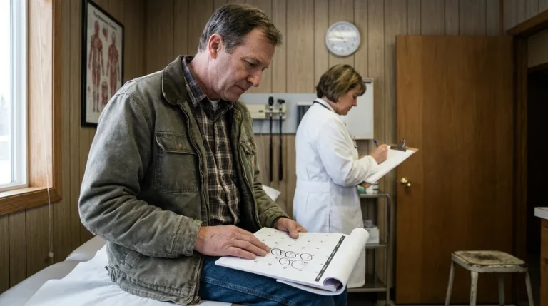 patient reviewing circled calendar dates on exam table while doctor writes on clipboard