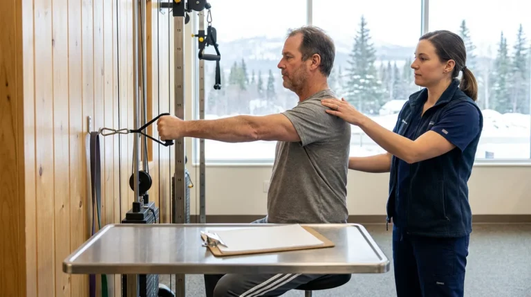 physical therapist guiding seated male patient using cable resistance machine during rehabilitation session