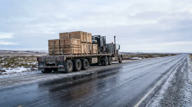 flatbed semi-truck hauling large wooden crates on icy rural highway
