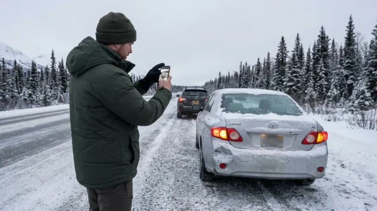 person photographing damaged Toyota sedan on snow-covered road after collision