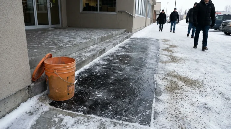 icy sidewalk with salt bucket and pedestrians walking near commercial building entrance