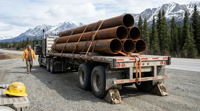 worker in safety vest walking beside flatbed truck hauling large steel pipes
