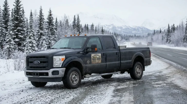 Ford F-350 crew cab truck parked on snow-covered mountain highway