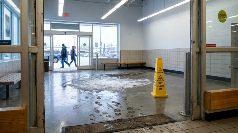 Caution Wet Floor sign beside puddle and muddy footprints in store entrance