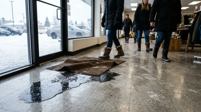 wet store entrance floor with bunched mat and shoppers walking nearby