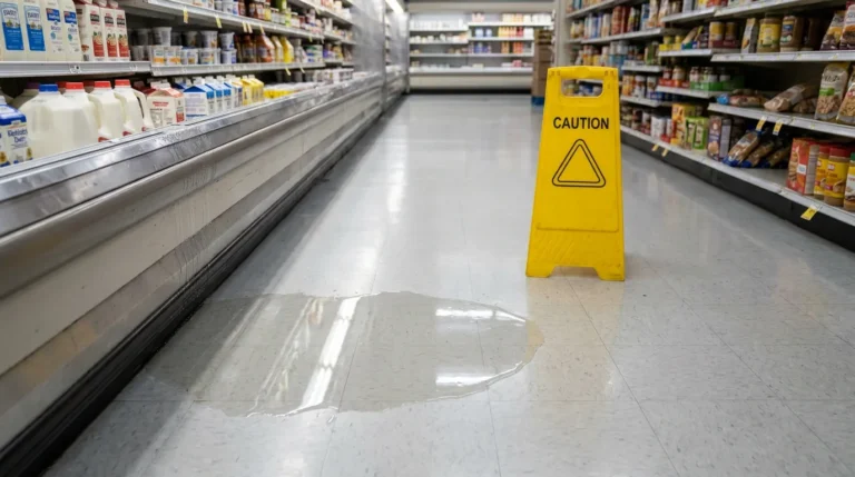 Caution sign beside liquid spill on grocery store aisle floor