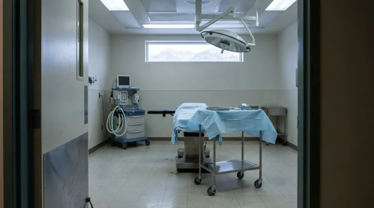 empty operating room with surgical table, overhead lamp, and medical equipment