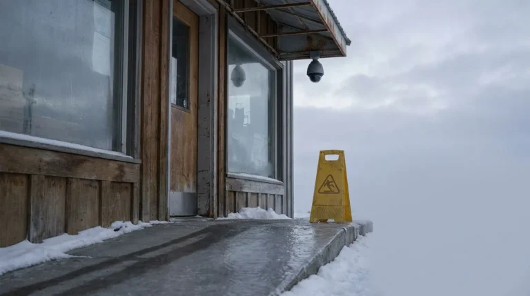wet floor caution sign on snow-covered walkway outside building with surveillance camera