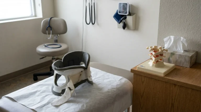 cervical neck brace on medical exam table beside spinal vertebrae model