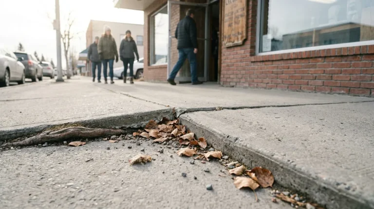 cracked uneven sidewalk with raised concrete edge and pedestrians walking nearby