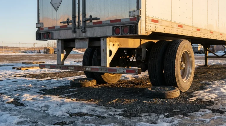 commercial truck trailer with blown-out tires lying on icy gravel lot
