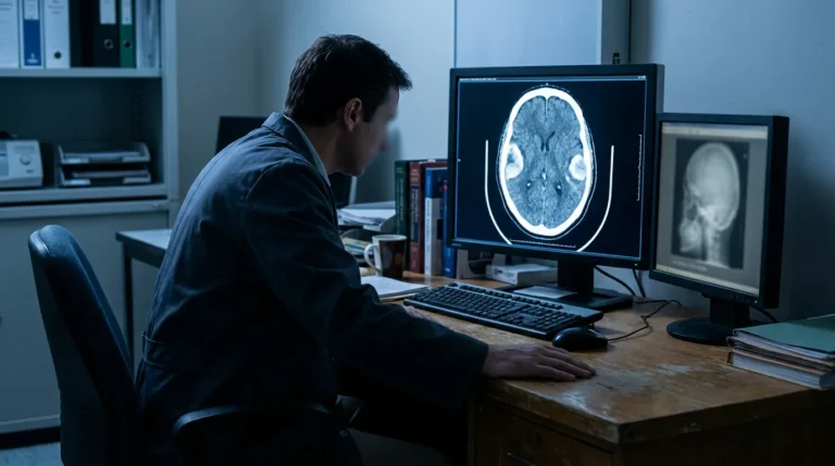 Doctor examining brain CT scan and skull X-ray on computer monitors