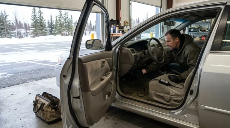 mechanic seated inside sedan using diagnostic scanner tool in auto repair garage