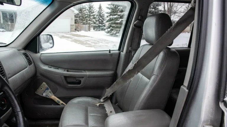 vehicle passenger seat with visibly frayed and torn seatbelt webbing